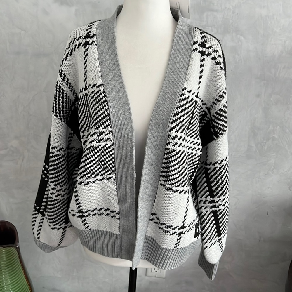 Calvin Klein Jeans No Button Plaid Cardigan Sweater, NWT, Size S